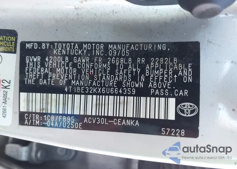 2006 Toyota Camry Le z USA, uszkodzony, nr VIN 4T1BE32KX6U664359
